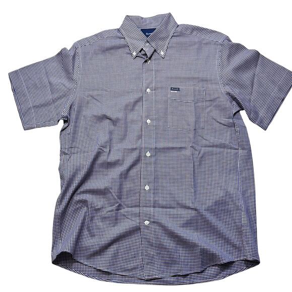 Faconnable Mens Button Down Red White Blue Check Plaid Short Sleeve Shirt Medium - Picture 1 of 9